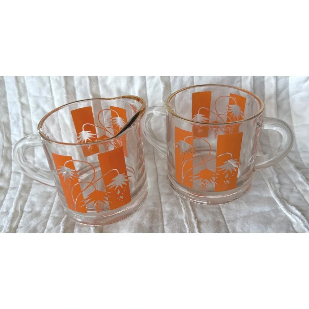 Vintage Creamer Sugar Set Orange White Floral Gold Trim Retro MCM Glassware Mod